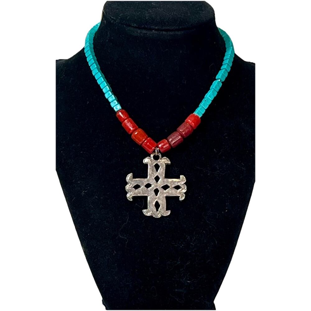 VTG Native American Turquoise & Red Coral Cross Necklace Sterling Silver Pendant